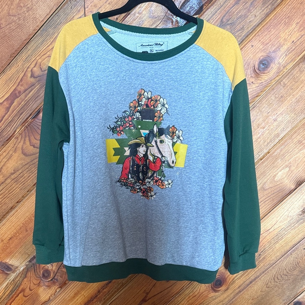 Casual Crew Neck Sweatshirt - Gray with Green & Yellow Accents